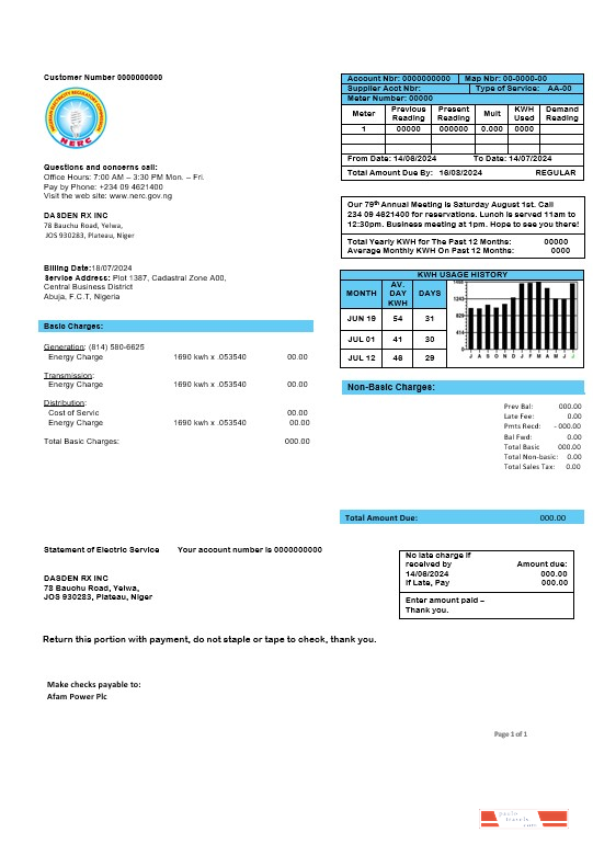 Nigeria Nigerian Electricity Regulatory Commission electricity business utility bill template in Word and PDF formats
